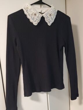 SHEIN Black Ribbed Long Sleeve Top with Embellished Embroidered Collar Size L